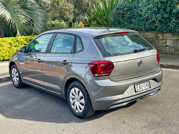 Used Polo for sale in Sydney - 2019 70 TSI Trendline model in Metallic Grew with Rego - photo showing the rear passenger side angle view
