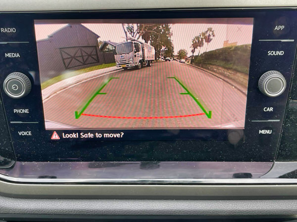 Used Polo for sale in Sydney - 2019 70 TSI Trendline model in Metallic Grew with Rego - photo showing the view sitting in the driver seat looking at the reversing camera