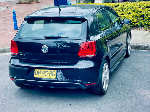 Used Polo for sale in Sydney - Polo GTI Automatic Model in black with Rego - photo showing the rear driver side angle view